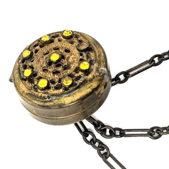 SOLD Antique Victorian Chatelaine Cosmetic Bag Frame Gold Tone Filigree - Picture 10 of 16